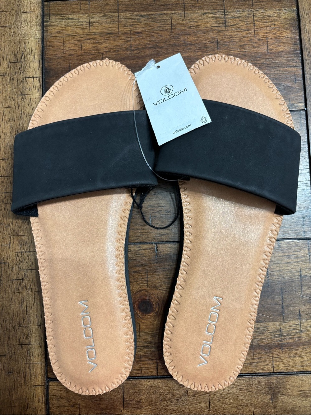 Volcom Women's Black Strap Slide Sandals with Tan Footbed